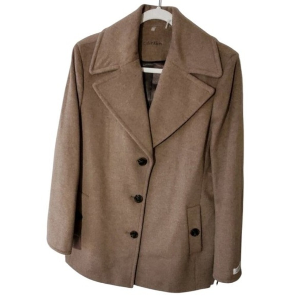 Calvin Klein Womens XL Taupe Wool Blend Cashmere Blend Peacoat Jacket Coat New
